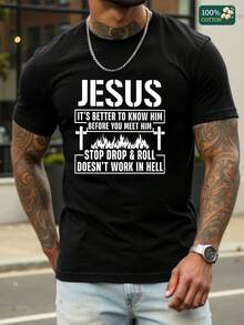 Men's Graphic T-Shirt: It's Better To Know Jesus Before You Meet Him - Stop Drop & Roll Design With Flames, Cross &  Quote - Soft Cotton Casual Tee For Men - Everyday Wear, Gift For Christian Guys,  Ring-Spun Cotton Graphic Tee For Summer & Fall - 黑色 - 查看 1