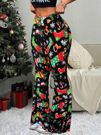 Women's Plus Size Christmas Sock Print Flared Trousers, High Waist Festive Holiday Casual Pants,Fashion Christmas Outfit For Women,Daily Christmas Women's Clothing,Casual Pants Plus Size For Women