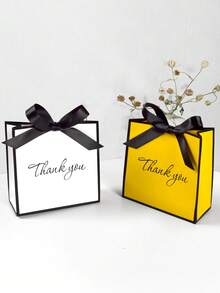 10个/5个/1个创意黑白感谢袋，经典配色，浪漫黑色丝带蝴蝶结，优雅艺术“谢谢”字样印花，适用于感恩节、节日礼物、优雅生日礼物包装、婚礼回礼、圣诞节、新年、日常感恩、生日派对、纪念品、企业客户答谢等场合。 - 白色-黑邊 - 查看 10