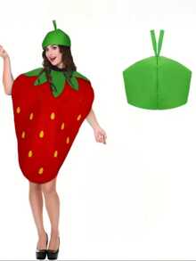 一套男女通用的嘉年华派对表演草莓水果套装，包含头饰，适合各种节日派对和青少年舞会。亮红色和绿色的涤纶混纺面料，是理想之选。