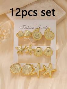 2-12pcs/Set Fashion Starfish, Shell Earrings Set, Suitable For Summer Travel And Holiday Wear