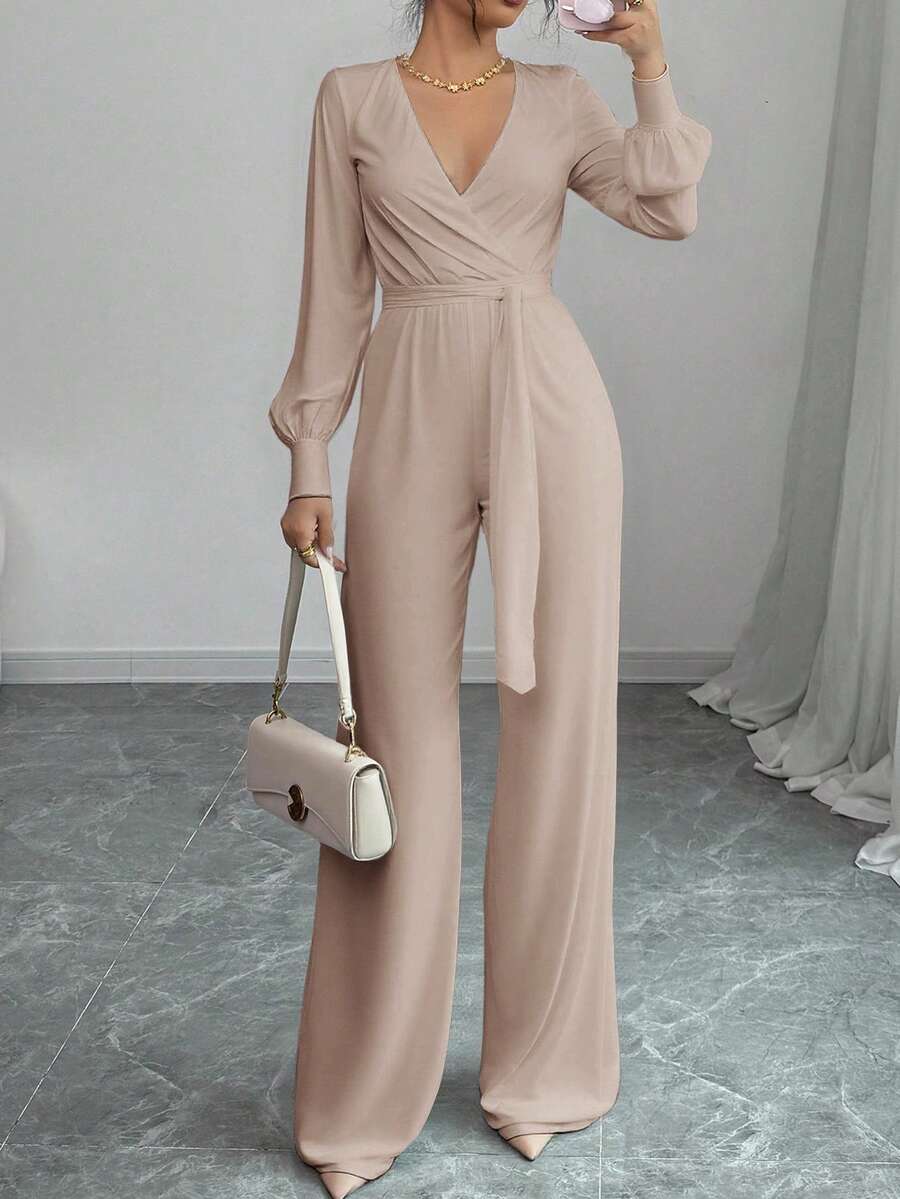 Palazzo mujer elegante envolvente pierna ancha cinturón tira manga abullonada puño verano con elegancia - Beis - Ver 1