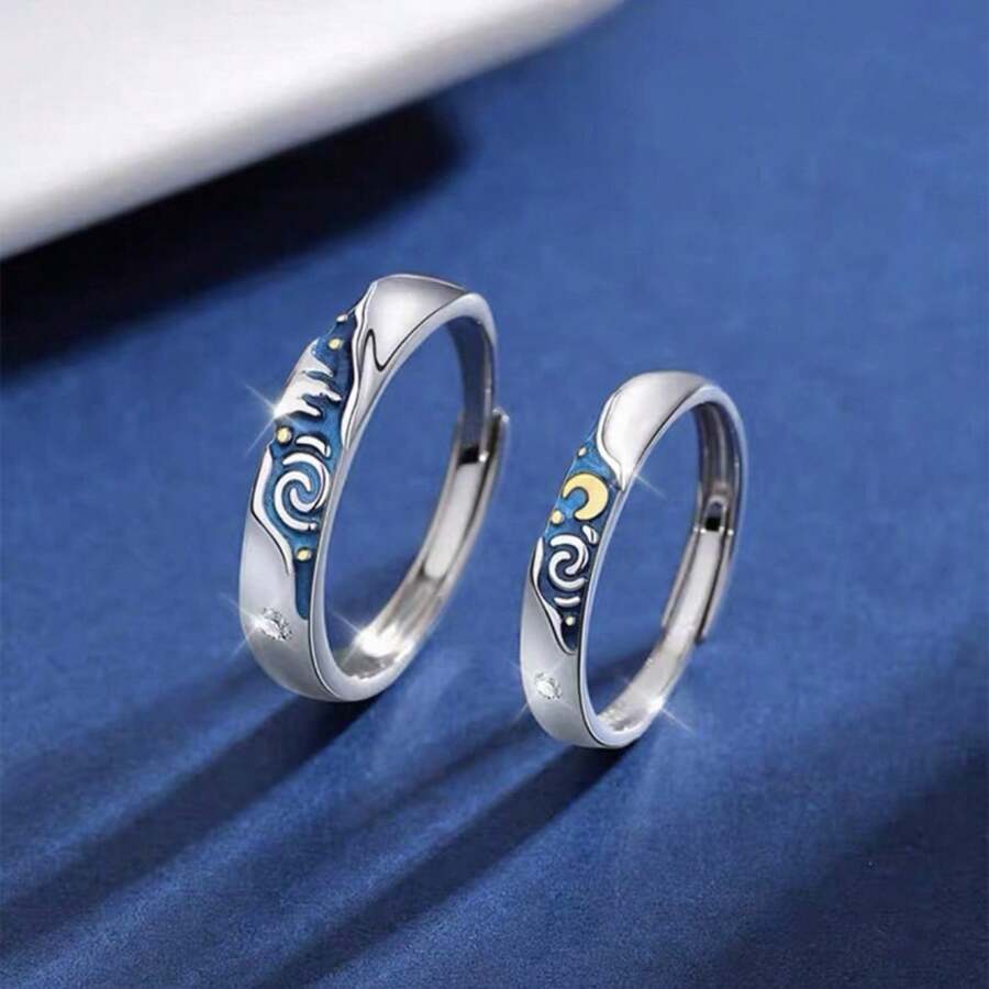 Fashion Plated 925 Silver Engagement Ring With Van Gogh Starry Sky Enamel, Valentine's Day Gift - Kit 2 anéis - 查看 1