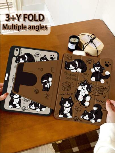 1 Piece, [3+Y Rotation] Cartoon Hide And Seek Double-Sided Painted Three Fold IPad Tablet Protective Case, 720 Rotation Anti Bending Transparent Acrylic Hard Shell, Thickened Silicone Four Corner Anti Drop, Supports Automatic Wake-Up/Sleep, Suitable For IPad 10/9/Pro 11 2024/IPad 11 2025, With Pen Slot, Non-Magnetic Protective Case, Supports Horizontal And Vertical Support, Essential Protective Case Accessories For Office And Study