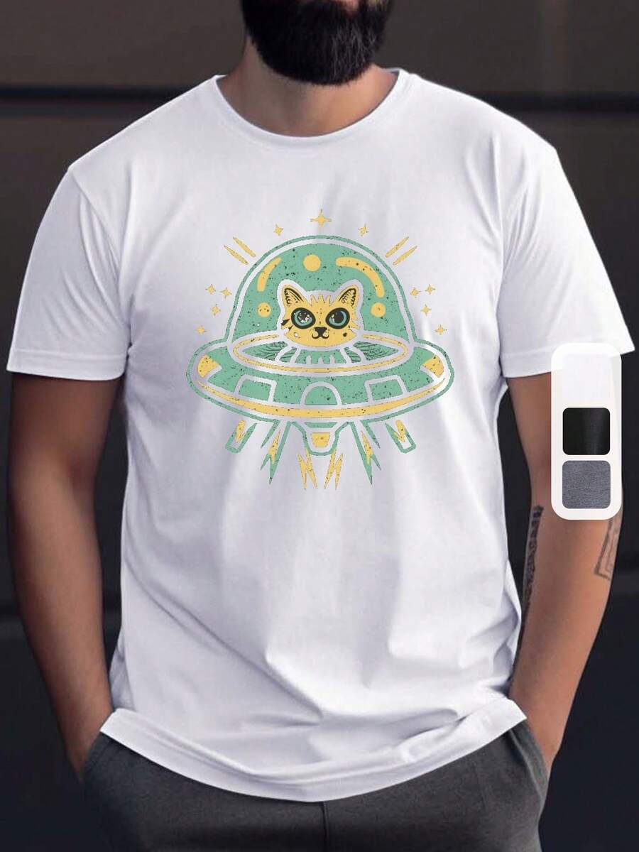 Camiseta de manga corta con cuello redondo y estampado gráfico de gato espacial vibrante para hombres - Suave, transpirable, top casual de verano para actividades al aire libre - Diseño gráfico único, ajuste relajado, ropa de hombre para vacaciones de verano - Blanco - Ver 1