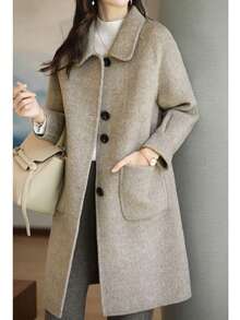 女士纯色口袋前开襟纽扣长袖大衣，秋冬款
