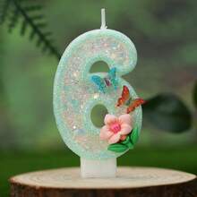 1 pièce Bougie numéro d'anniversaire, bougie de gâteau d'anniversaire avec papillon vert clair et fleurs, bougie à paillettes pour décoration de gâteau, convient pour les fêtes d'anniversaire des filles et des femmes