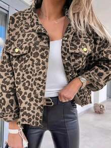 Chaqueta casual de mujer de manga larga con un solo botonadura, estampado de leopardo y hombros caídos para otoño - Caqui - Ver 2