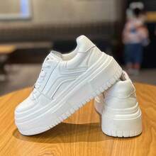 Zapatillas bajas de estudiante para mujer, deportivas de cuero, zapatos casuales blancos ligeros de suela gruesa para mujer - Blanco - Ver 5