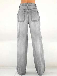 Teen Girl Versatile Casual Washed Slant Pocket Straight Leg Jeans - Grey - View 2