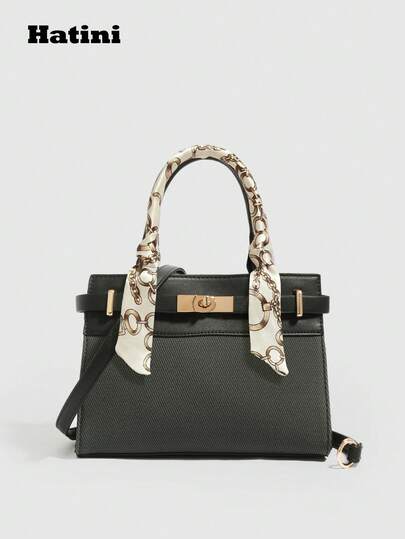 时尚拼布凯莉手提包，扭锁肩带小方包，通勤单肩包，百搭斜挎包，鲜艳的拼色设计，适合通勤、约会、购物、休闲、度假、音乐节、派对