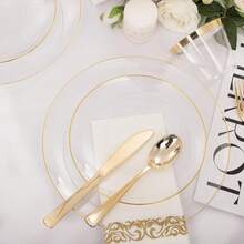 350PCS Clear And Gold Plastic Dinnerware Set, Plastic Plates For Party Include Disposable Plates, Gold Plastic Silverware Heavy Duty, Cups And Napkins Disposable To 50 Guest For Party, Wedding, Birthday - Vàng trong suốt - Xem 4