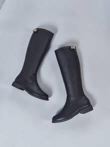 秋冬女士过膝长靴，时尚黑色侧拉链机车靴，过膝骑行靴。适合日常穿着、参加派对、时装秀，中筒靴，过膝靴，日常鞋履。 - 黑色 - 查看 3