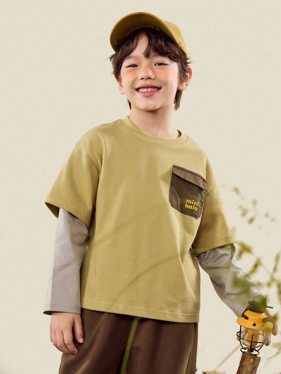 mini bala Boys Two-Layer Cotton Long Sleeve Tee Soft Breathable Stylish Casual Top - Khaki - View 1