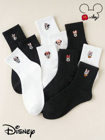 1/5/10双刺绣卡通图案中筒袜套装，米老鼠，米妮，雏菊，卡通人物袜子，，女士袜子，白色袜子，黑色袜子，女士袜子，宽松袜子，长筒袜，隐形袜，情侣袜，周穿袜，