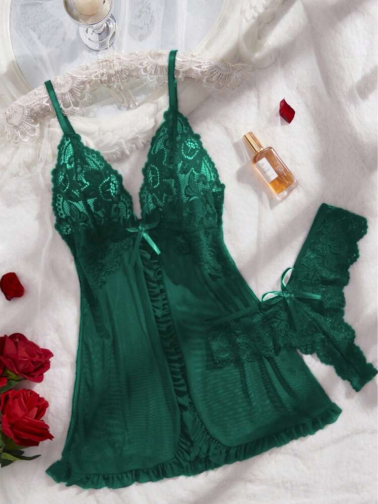 2pcs Plus Size Women Lace & Mesh V-Neck Cami Lingerie Set, Sexy Intimate Apparel For Everyday, Christmas - Dark Green - View 3