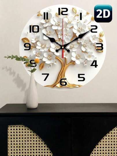 PC 10In 12In Elegante Silent Wand Klok Wit Bloemen Goud Tree Wood Veneer Perfect Living Room, Bedroom, Kitchen, Office Or Birthday Home Room