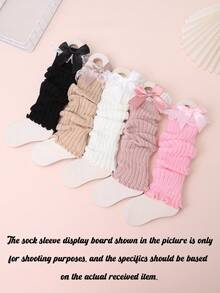 5 Pairs Kids Solid Color Lace Ruffle Bow Decorated Leg Warmers, Ribbed Knit Cuffs, Fashion Suitable For Autumn/Winter