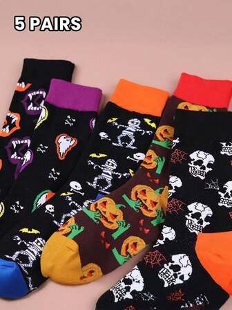 5 Pairs Halloween Pumpkin & Skull Print Casual Socks, Breathable Moisture-Wicking Mid-Calf Socks For Men & Women, Autumn/Winter