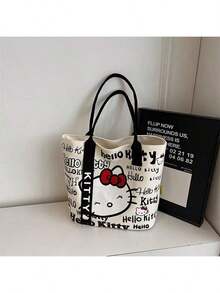 Sanrio Hello Kitty Bag Women's Large Capacity Tote Bag Travel Shoulder Handbag,Sanrio Hello Kitty Canvas Handbag, Cute KT Tote Shoulder Bag, Cartoon Versatile Tote Bag, Large Capacity Commuter Bag, Suitable For Travel, Back To School, Commuting