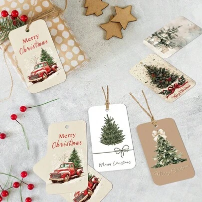 50 个节日圣诞树礼品标签，配有麻绳 - 优雅的“圣诞快乐”节日悬挂标签，用于礼品包装和派对礼品装饰，圣诞纸质礼品标签