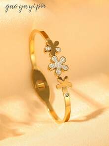 18K Gold Plated Stainless Steel Cuff Bracelet With Flower & Heart Design - Elegant Style Women's Gold Bracelet, No Mosaic, Party & Holiday Accessory, Suitable For All Seasons - Gift For Valentine's Day, Mother's Day, Halloween, Christmas