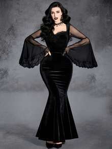 Gothic Pleated Contrast Mesh Flounce Sleeve Maxi Velvet Mermaid Hem Dress
