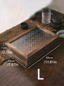 1个棕色木质首饰盒复古收纳展示柜带抽屉，北欧风格桌面储物盒（玻璃图案切割面不固定），房间装饰 - 棕色 - 查看 11