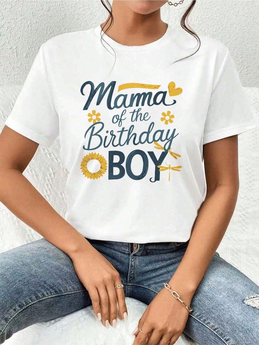 Mama Birthday Boy Graphic, 220g Cotton Casual Summer T-Shirt with Round Neck and Short Sleeves (1 Piece)