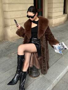 Oversized Women's Lapel Coat, Thick Leopard Print Patchwork, Faux Fur Tie-Waist, Super Warm Furry Autumn/Spring Jacket, Cold-Proof Winter Fashion, Elegant For Daily, Festivals And Gatherings - Leopard - View 8