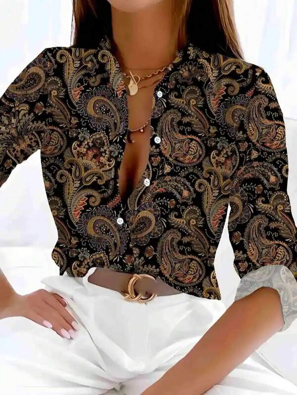 Camisa de Botão Elegante para Mulheres JOVI SHEEN, Nova Camisa Casual Feminina de Manga Longa Estampada Retrô para o Outono, Camisa Feminina para Escritório, Camisa Feminina de Manga Longa para Férias na Praia, Roupa Feminina de Outono
