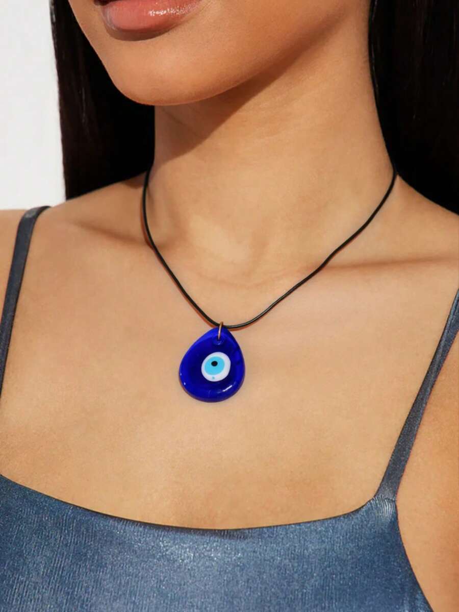 1 peça de pingente de vidro azul com olho de diabo e colar de cordão de cera preta, adequado para mulheres/casais, uso diário, presente de Natal