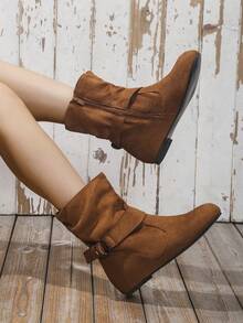 女士休闲平底踝靴，中筒靴，秋冬款，优雅隐形坡跟踝靴，适合派对穿着 - 棕色 - 查看 3