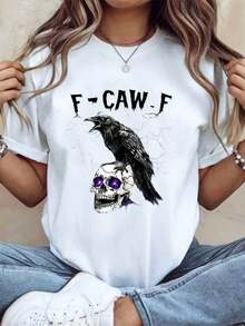 Short Sleeve T-Shirt Featuring A Crow Graphic And The Text "F-CAW-F" - Casual Wear For Women. Crow Graphic T-Shirt - Casual Summer T-Shirt With A -L61 - 白色 - 查看 1