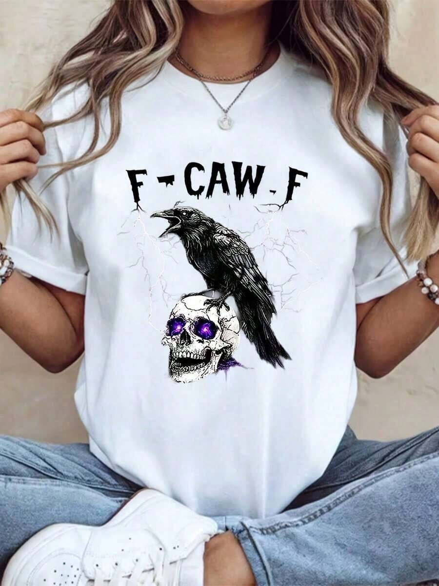Short Sleeve T-Shirt Featuring A Crow Graphic And The Text "F-CAW-F" - Casual Wear For Women. Crow Graphic T-Shirt - Casual Summer T-Shirt With A -L61 - 白色 - 查看 1