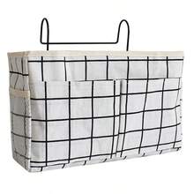 Bedside Hanging Storage Caddy, Dorm Bed Organiser With Hooks For Books, Remote Controls & Small Bedroom Essentials - light grey with grid - View 17