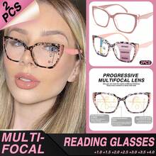2pcs Multi-Focus Reading Glasses For Women, 1 Pair Multi-Focus Glasses + 1 Pair Regular Reading Glasses Convenient Combo, Fashionable Frames With Bifocal Lenses, Flexible Spring Hinges For Comfort, Versatile For Near And Far Sights - 粉+粉豆花D - 查看 1