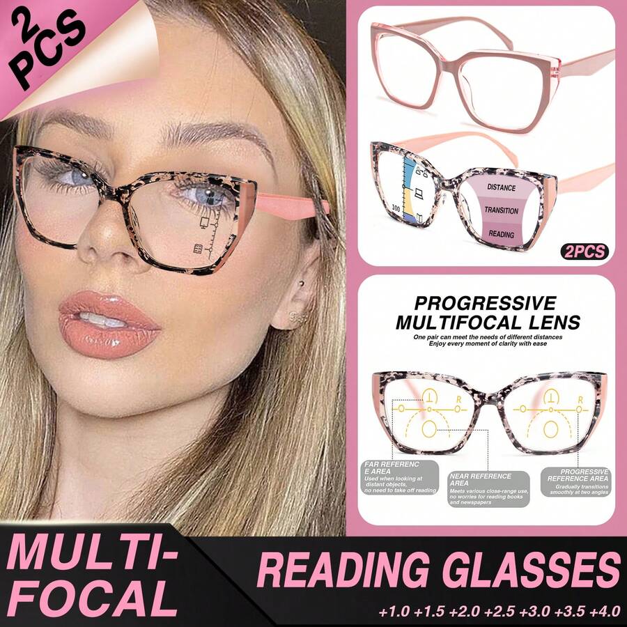 2pcs Multi-Focus Reading Glasses For Women, 1 Pair Multi-Focus Glasses + 1 Pair Regular Reading Glasses Convenient Combo, Fashionable Frames With Bifocal Lenses, Flexible Spring Hinges For Comfort, Versatile For Near And Far Sights - 粉+粉豆花D - 查看 1