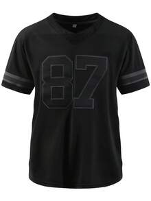 男士 87 黑色美式橄榄球球衣休闲短袖刺绣缝线 V 领 T 恤派对橄榄球运动上衣