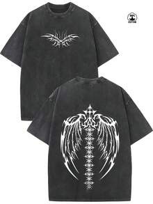 Vintage Washed And Distressed Oversized Short-Sleeved Cotton T-Shirt With Delicate Double-Sided Wing Print. - 黑色 - 查看 1