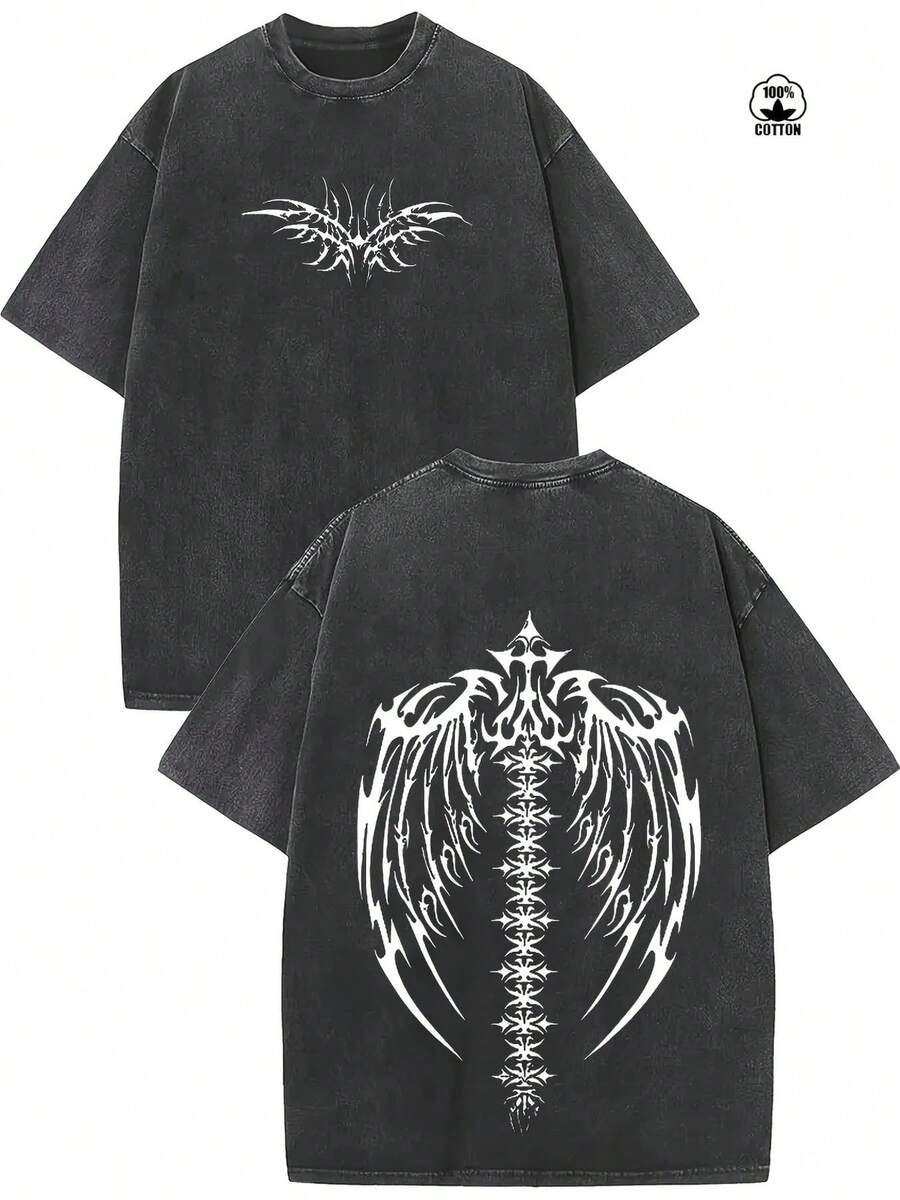 Vintage Washed And Distressed Oversized Short-Sleeved Cotton T-Shirt With Delicate Double-Sided Wing Print. - 黑色 - 查看 1