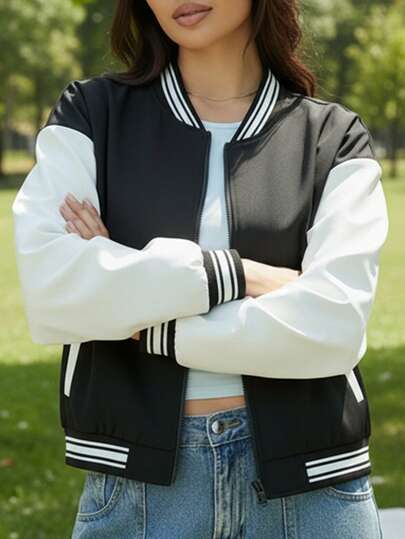 女式运动夹克秋冬棒球飞行员外套，黑白拉链学院风外套，时尚街头潮流女孩休闲夹克