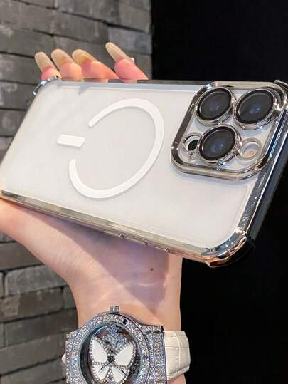 Magnetic (With Lens Protector) 1pc Electroplated Four-Corner Anti-Fall New Phone Case Compatible With Apple 17 Pro Max/16 Pro Max/15/14 Pro/13/12/11/XR/XS Max/8, Galaxy S25 Series, S24 Series, S23 Series, S22 Series, A05, A35, A55 Protective Cover