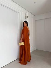 Elegant Simple Elegant Long Dress With Asymmetrical Cape Sexy Party Chiffon Asymmetrical Wedding Summer - 紅陶 - 查看 2