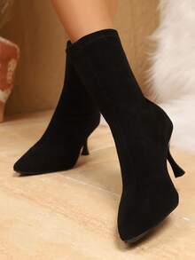 2025新款女士尖头修身踝靴，优雅踝靴，简约时尚显瘦舒适高跟靴，百搭各种服饰，有黑色、米色、酒红色、红色、安克拉红晚宴高跟鞋、格纹靴可选 - 黑色 - 查看 6