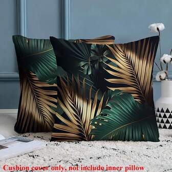 2pcs Tropical Leaf Pattern Pillow Covers, 45x45cm, Vintage Nordic Style Black And Gold Polyester Pillow Shams With Zipper, Machine Washable, Suitable For Sofa, Living Room, Bedroom, Car Seat, Home Decor - Single-Sided Velvet, No Pillow Insert