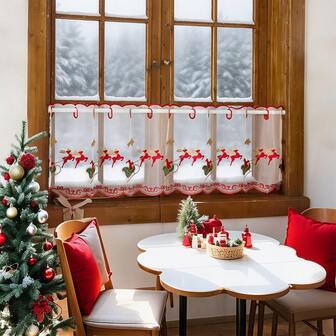 1 件现代简约彩色刺绣薄纱窗帘，刺绣圣诞老人和驯鹿透明短窗帘布，适用于客厅、卧室、厨房、小窗户的圣诞装饰，圣诞礼物