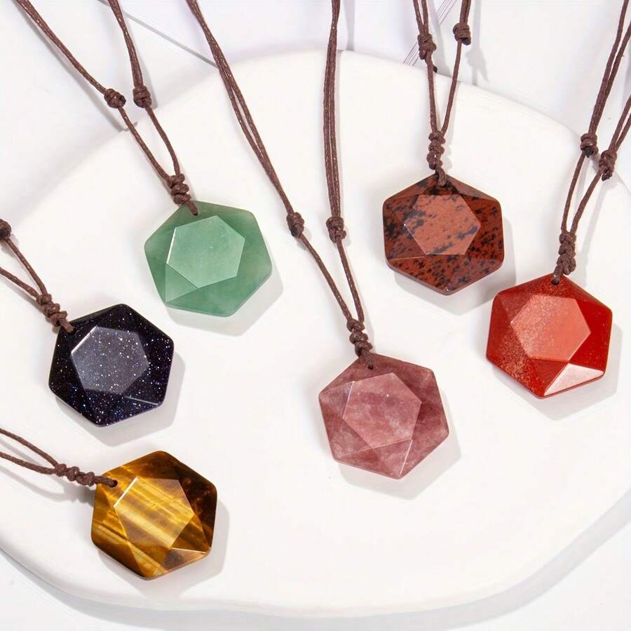 1 Piece Natural Stone Hexagonal Star Pendant Necklace - Handwoven Adjustable Bohemian Style Jewelry, Includes December Birthstone, Multiple Color Options, Suitable For Women's Holiday Party Gifts And Casual Outfits, Unique Texture Treatment - 東陵石 - 查看 1