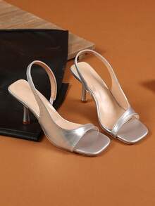 1 par de sandalias de tacón con cierre deslizante de color plateado para adolescentes, de material suave de PU, con punta abierta, tacón de aguja, elegantes y de moda, adecuadas para uso diario, casual, viajes y oficina en verano