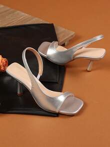 1 par de sandalias de tacón con cierre deslizante de color plateado para adolescentes, de material suave de PU, con punta abierta, tacón de aguja, elegantes y de moda, adecuadas para uso diario, casual, viajes y oficina en verano